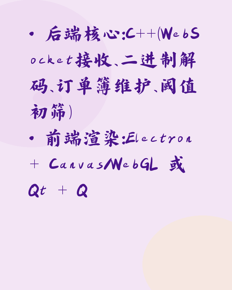 · 后端核心：C++（WebSocket接收、二进制解码、订单簿维护、阈值初筛）