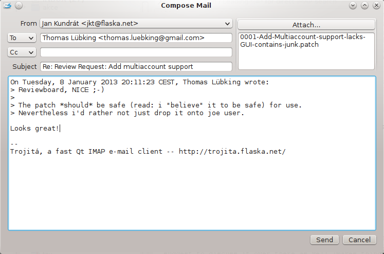 A screenshot of Trojitá, a Qt IMAP e-mail client