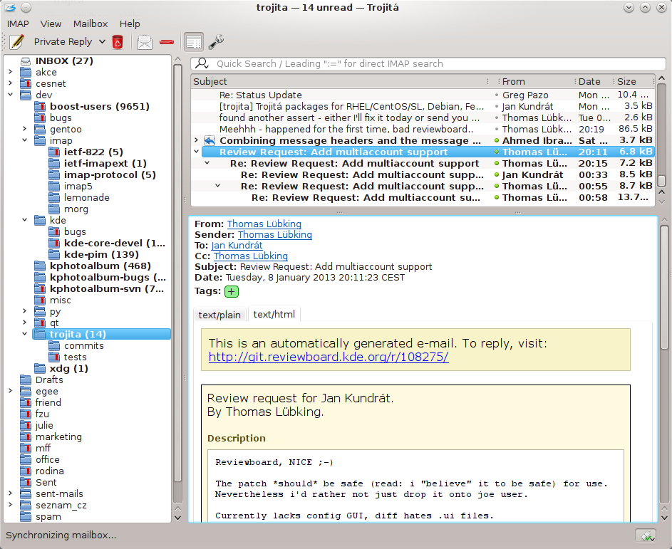 A screenshot of Trojitá, a Qt IMAP e-mail client