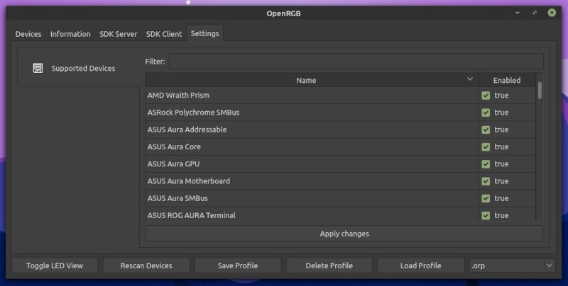 openrgb supported devices